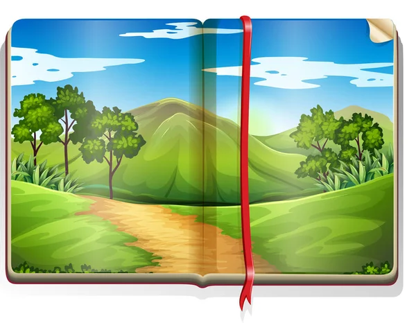 Book with mountain and forest scene — Stock Vector