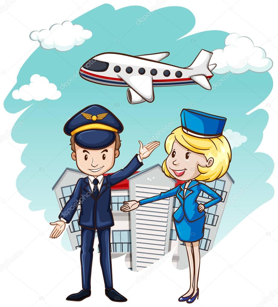 Pilot and flight attendant with airplane in background