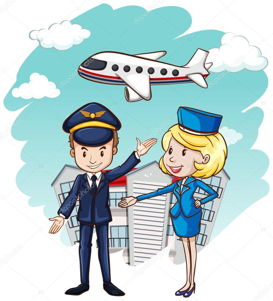 Piloot en stewardess met vliegtuig op achtergrond ...