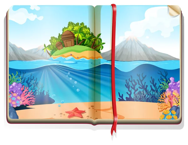 Escena con isla en el océano en el libro — Archivo Imágenes Vectoriales