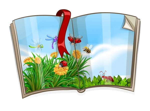 Livro com insetos voando na cena do jardim — Vetor de Stock