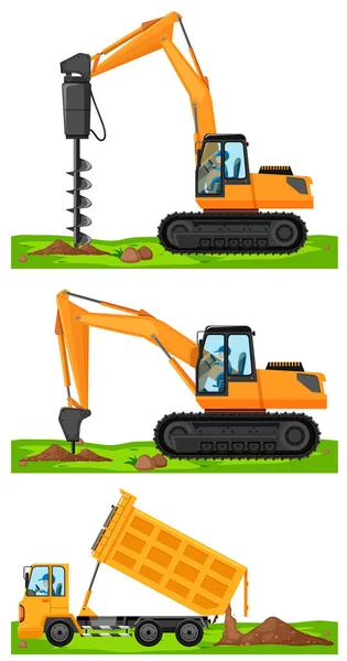 Drei verschiedene Baufahrzeuge auf der Baustelle — Stockvektor