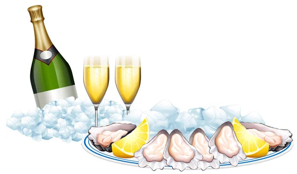 Fresh oysters and champagne bottle — Stock Vector