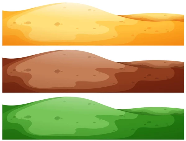 Drei Szenen von Hügeln mit unterschiedlichem Farbgrund — Stockvektor