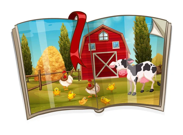 Libro con animales en la escena de la granja — Vector de stock