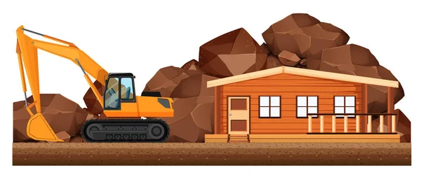 Excavator working on house construction site — Stock Vector