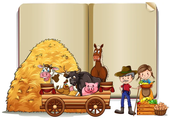 Farmers and animals in the book template — Stock Vector