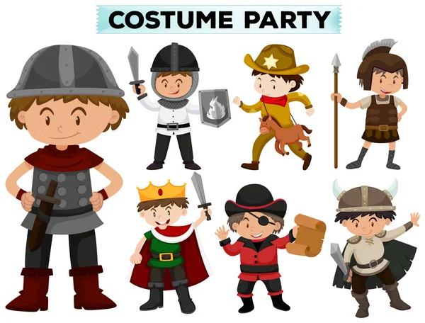 Kostümfest mit Jungen in verschiedenen Kostümen — Stockvektor
