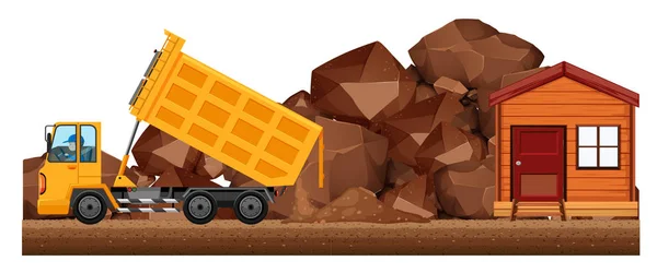 Dumping solo caminhão de descarga no canteiro de obras —  Vetores de Stock