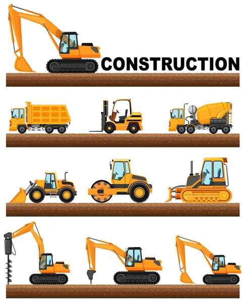 Diferentes tipos de camiones de construcción en el suelo — Vector de stock
