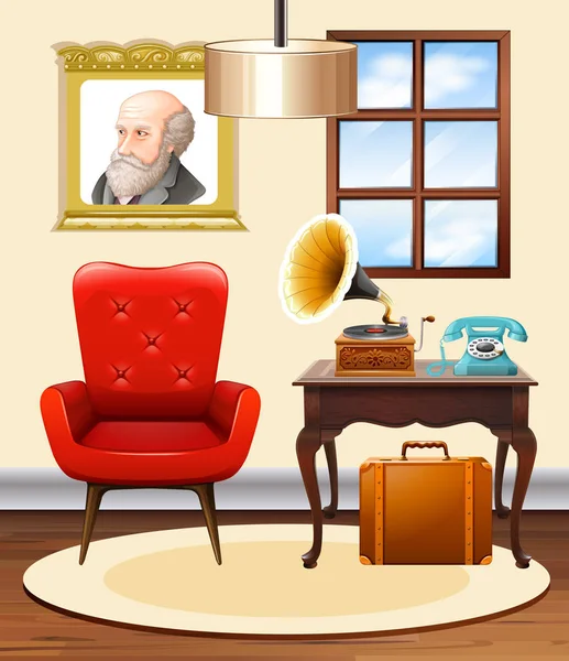 Комната с красным креслом и граммофоном — стоковый вектор