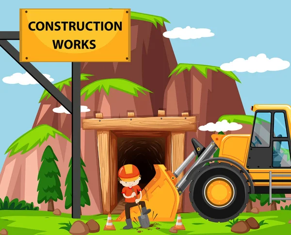 Scena di lavoro di costruzione con uomo e bulldozer — Vettoriale Stock
