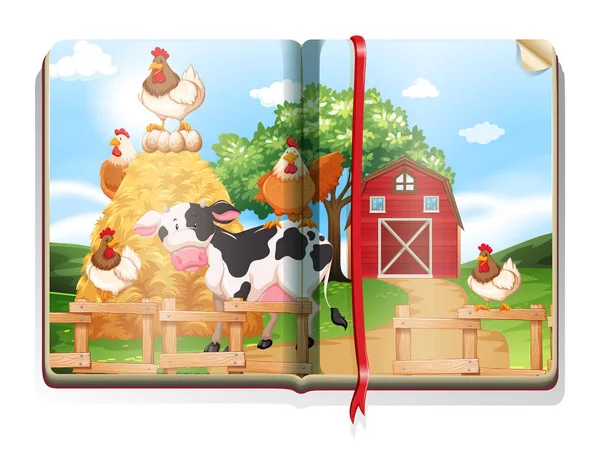 Libro con escena de granja llena de animales — Vector de stock