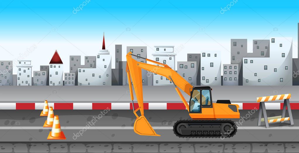 Excavator working at the road construction