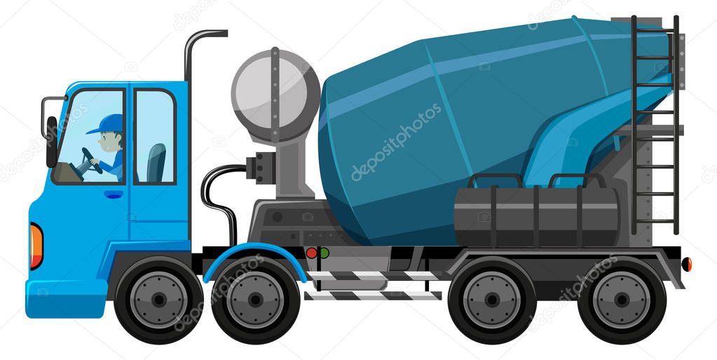 Blue cement truck with driver