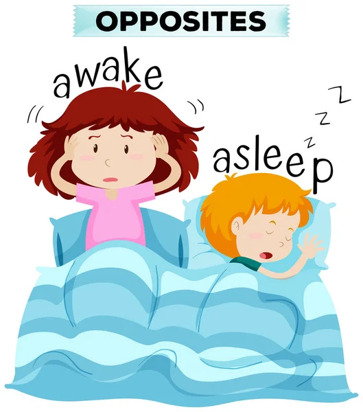 Palabras opuestas para despertar y dormir — Vector de stock