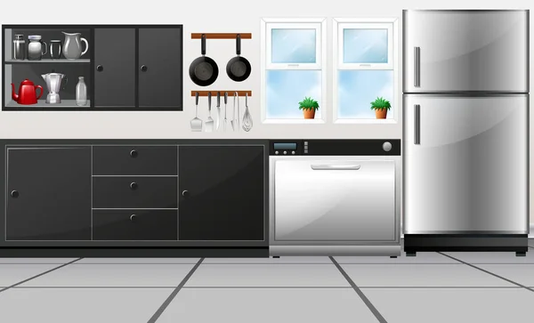 Pokój kuchnia z naczyniami i urządzeń elektronicznych — Wektor stockowy