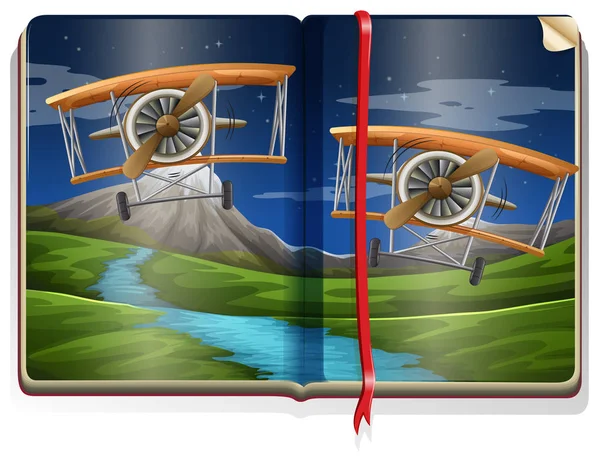 Libro con escena de aviones volando sobre el río — Archivo Imágenes Vectoriales