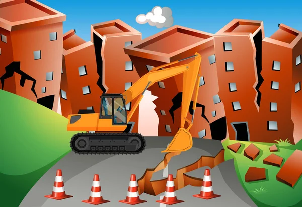 Earthquake scene with bulldozer and buildings — Stock Vector