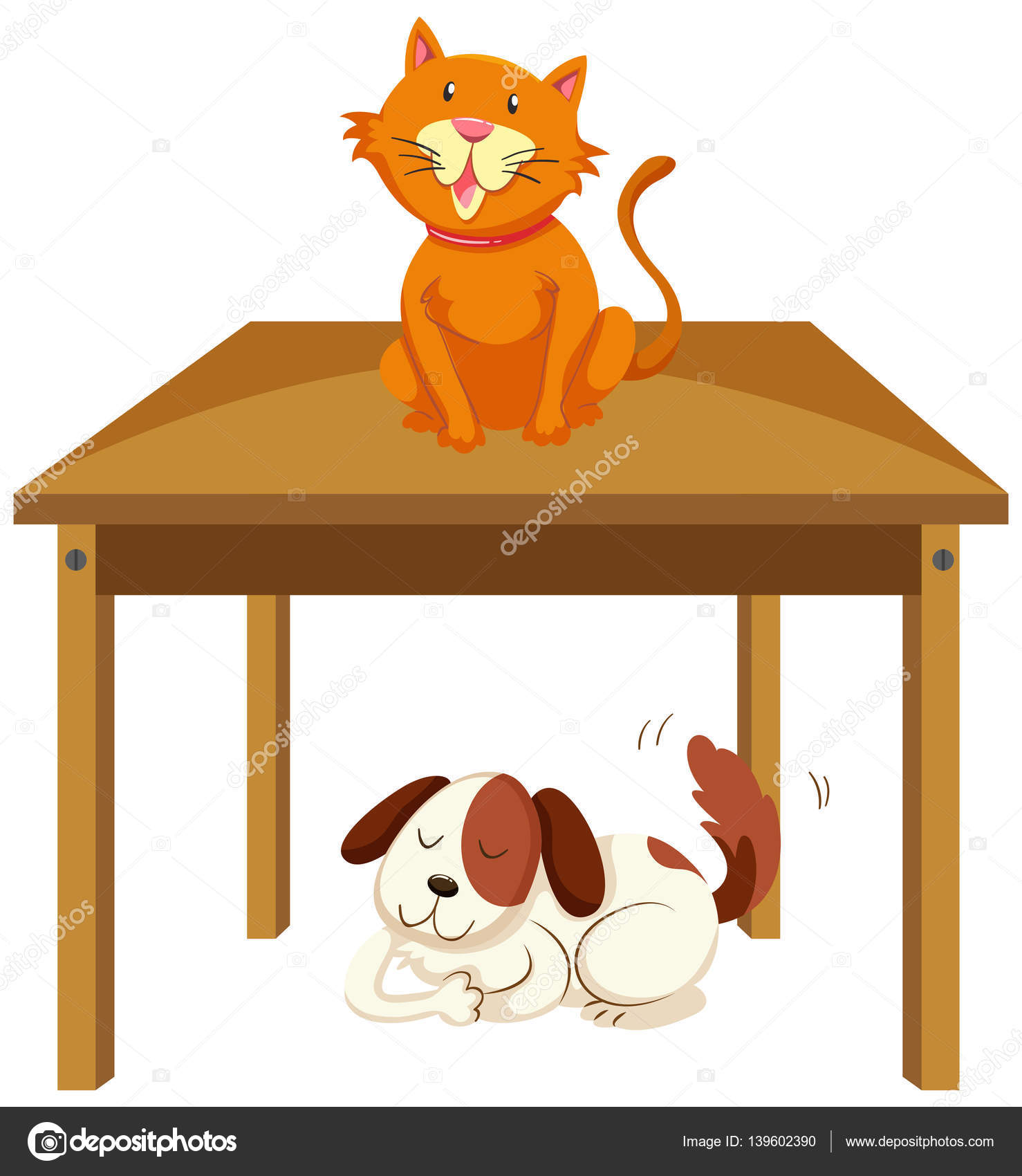Kucing di atas meja dan anjing di bawah meja Vektor Stok oleh