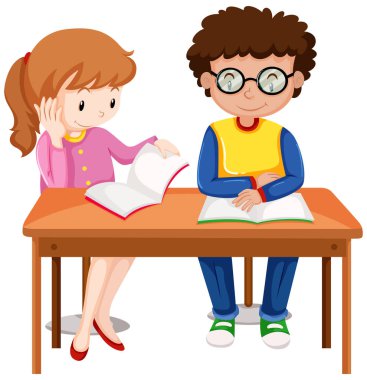 İki çocuk kitapları okumaktan zevk