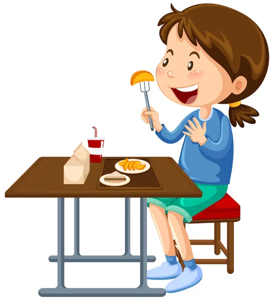 Menina comendo na cantina mesa de jantar —  Vetores de Stock