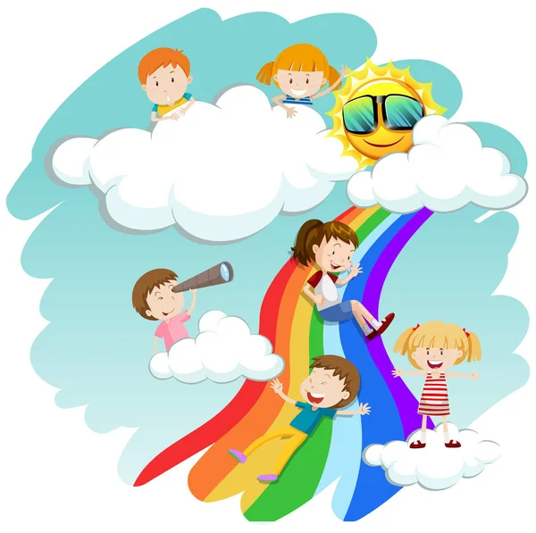 I bambini scivolano giù per l'arcobaleno — Vettoriale Stock
