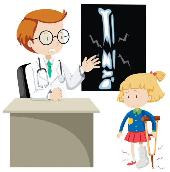 Chica con fractura de hueso ver médico — Vector de stock