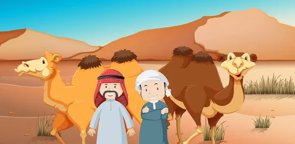 Zwei arabische Männer und Kamele im Wüstenland — Stockvektor