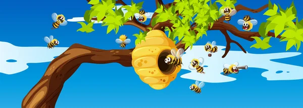 Bijen vliegen rond de Bijenkorf — Stockvector