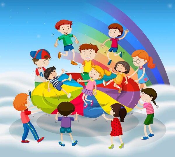 Πολλά παιδιά πηδώντας στο πολύχρωμο χαλί — Διανυσματικό Αρχείο