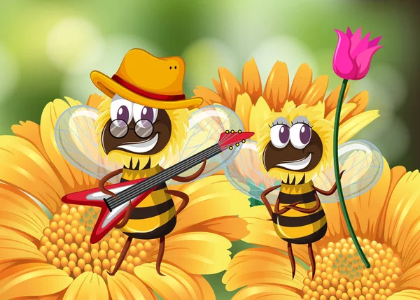 Abeja tocando la guitarra en flor — Vector de stock