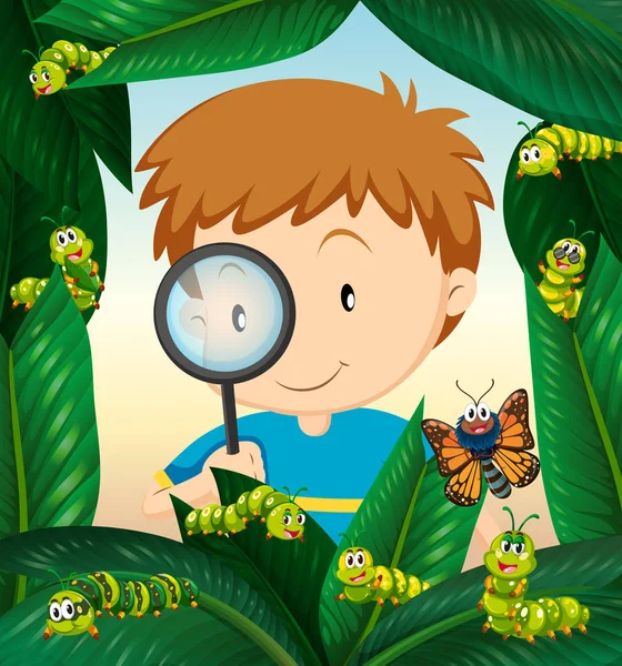 Yaprakların üzerine böcek hayat gözlemleyerek çocuk — Stok Vektör