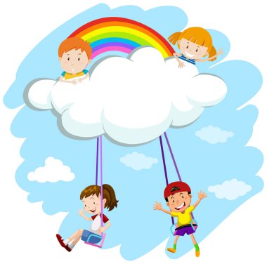 Salıncak bulutların üstünde oynayan çocuklar