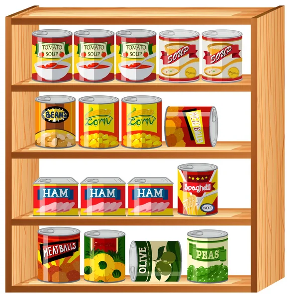 Many canned food on wooden shelves — Stock Vector