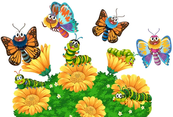 Caterpillars and butterflies in the garden — Stock Vector