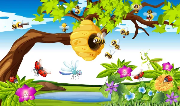 Οι μέλισσες που πετούν γύρω από το δέντρο στον κήπο — Διανυσματικό Αρχείο