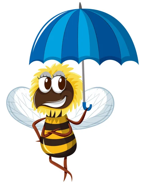 Cute bee holding blue umbrella — Stock Vector