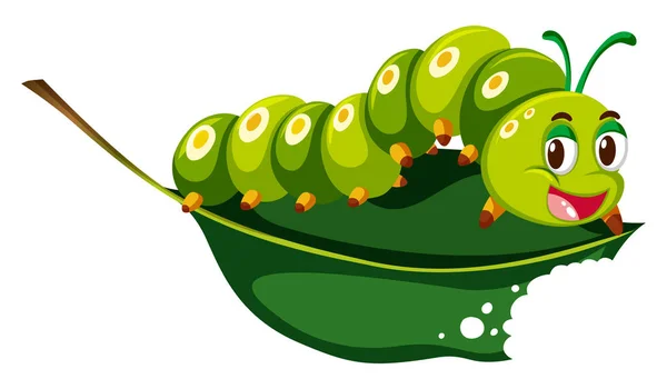 Симпатичная гусеница жующая зелёный лист — стоковый вектор