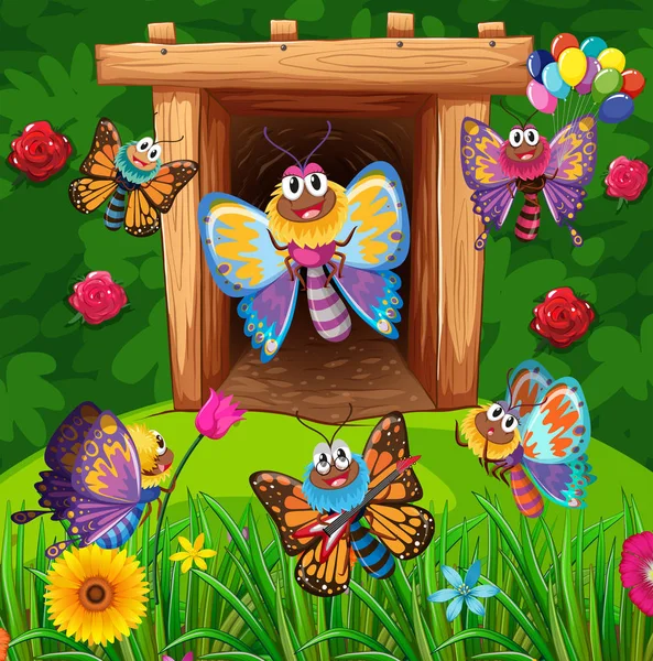 Bahçede uçan renkli kelebekler — Stok Vektör