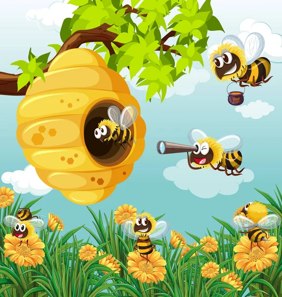 Muitas abelhas voando no jardim —  Vetores de Stock