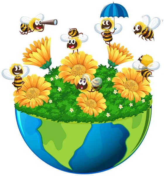 蜂が地球上の庭で飛び回って — ストックベクタ