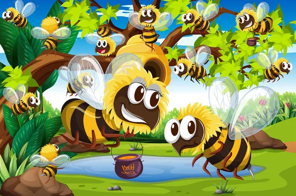多くのハチが庭中にある蜂の巣の周りに飛んで — ストックベクタ