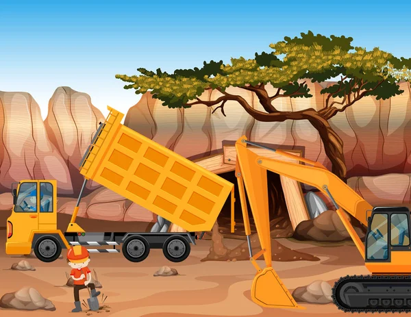 Bulldozer and dumping truck at the field — Stock Vector