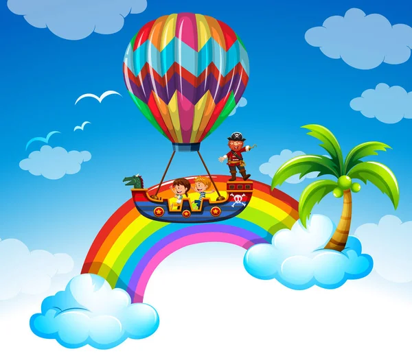 Niños montando en globo sobre el arco iris — Vector de stock