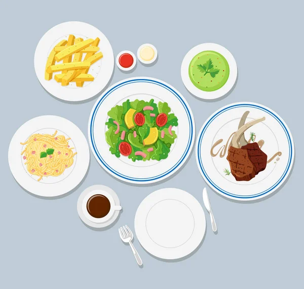 Different types of food on blue background