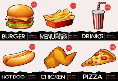Different types of fastfood on menu clipart