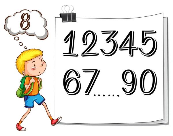 Boy finding missing number on paper — Stock Vector