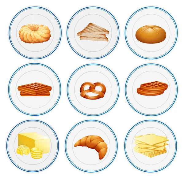 Différents types de pâtisseries sur les assiettes — Image vectorielle