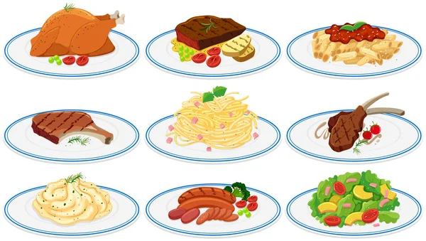 Diferentes tipos de alimentos nas placas —  Vetores de Stock